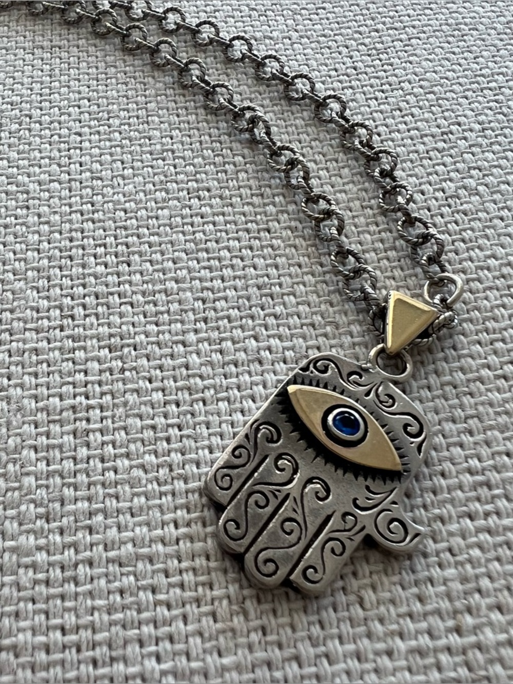 SHABLOOL • Hamsa Hand Oxidized Silver Necklace with Gold Blue Eye Pendant